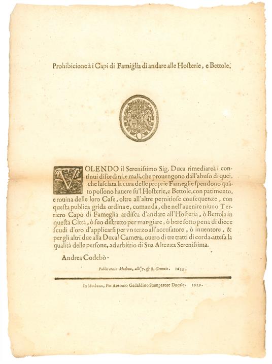 Prohibicione à i Capi di Famiglia di andare alle Hosterie, e Bettole - Ducato Di Modena E Reggio - copertina