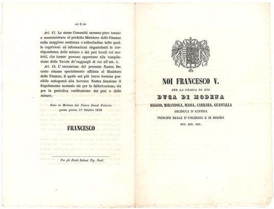 Noi Francesco V. per la grazia di Dio Duca di Modena, Reggio, Mirandola, Massa, Carrara, Guastalla Arciduca d'Austria [...] - Stati Estensi-Sistema Metrico Decimale - copertina