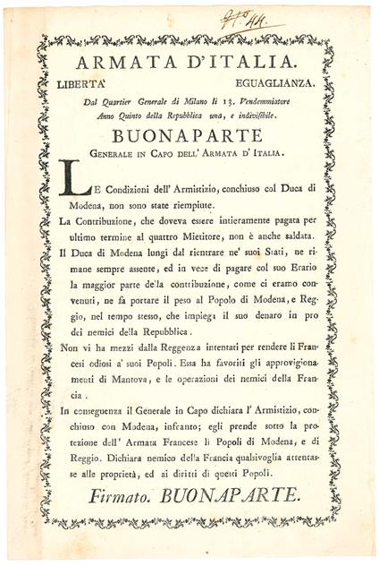 Bonaparte Generale in Capo dell'Armata in Italia. Le condizioni dell'Armistizio, conchiuso col Duca di Modena, non sono state riempiute [...] Firmato. Buonaparte - copertina