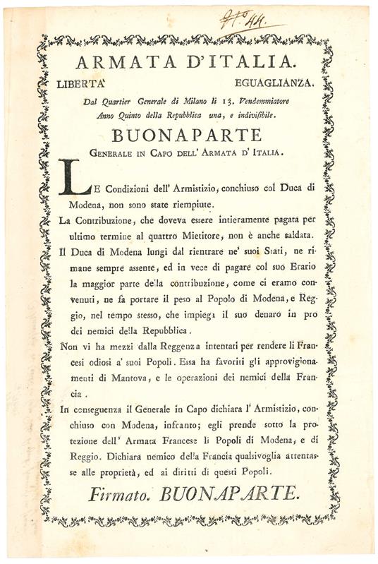 Bonaparte Generale in Capo dell'Armata in Italia. Le condizioni dell'Armistizio, conchiuso col Duca di Modena, non sono state riempiute [...] Firmato. Buonaparte - copertina