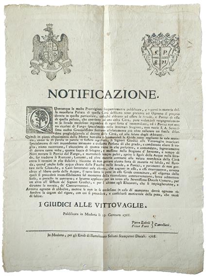 Notificazione. I Giudici delle Vittovaglie. Pubblicata in Modena li 25. Gennaro 1768 - Modena-Igiene E Raccolta Dei Rifiuti - copertina
