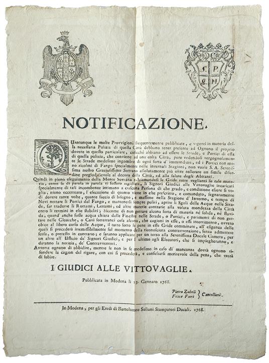 Notificazione. I Giudici delle Vittovaglie. Pubblicata in Modena li 25. Gennaro 1768 - Modena-Igiene E Raccolta Dei Rifiuti - copertina