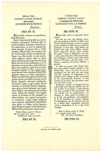 Ai Diletti Figli Generale Agostino Saccozzi e componenti l'Esercito dell'Eccelso Duca di Modena - Pio IX - copertina