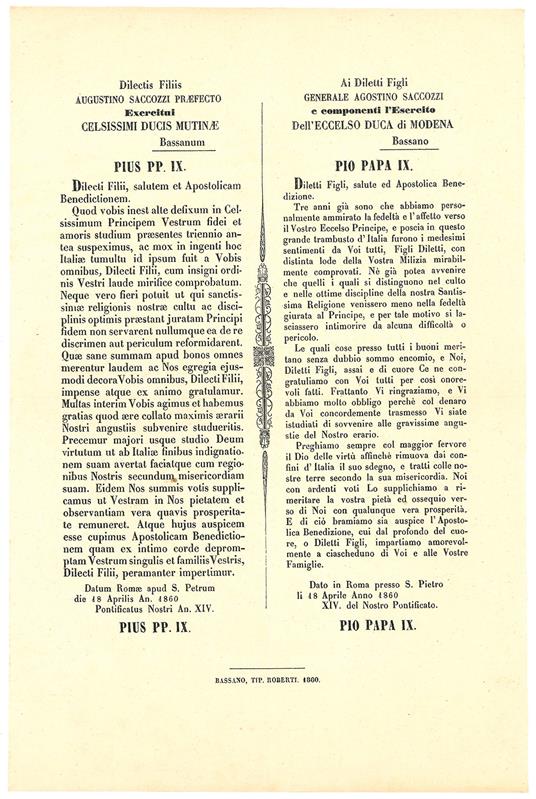 Ai Diletti Figli Generale Agostino Saccozzi e componenti l'Esercito dell'Eccelso Duca di Modena - Pio IX - copertina