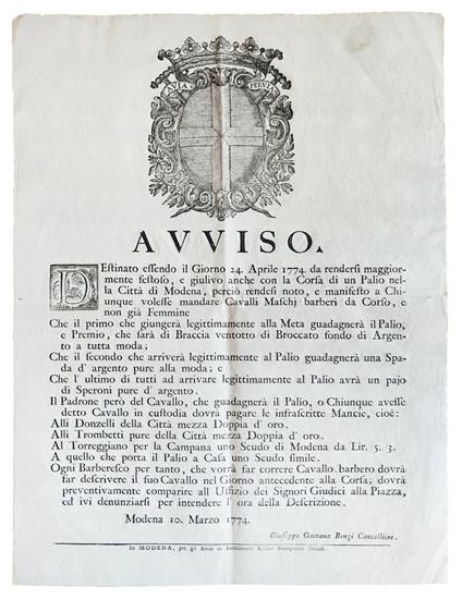 Avviso firmato dal Cancelliere Giuseppe Gaetano Benzi e datato Modena, 10 marzo 1774 - Modena-Palio Di Cavalli - copertina