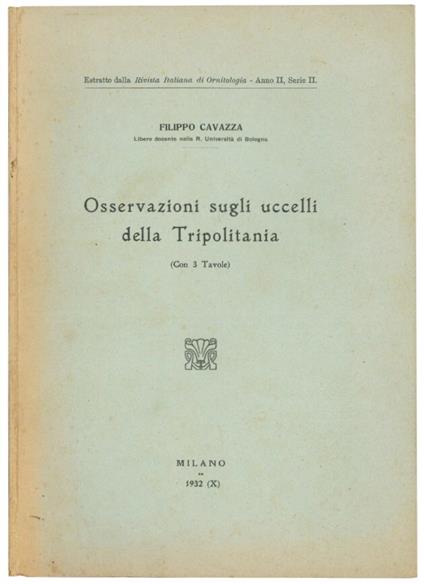 Osservazioni sugli uccelli della Tripolitania - Filippo Cavazza - copertina