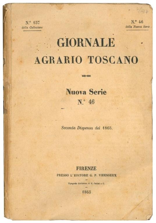 Giornale agrario toscano. Nuova serie n. 46. Seconda dispensa del 1865 - Giornale Agrario Toscano - copertina