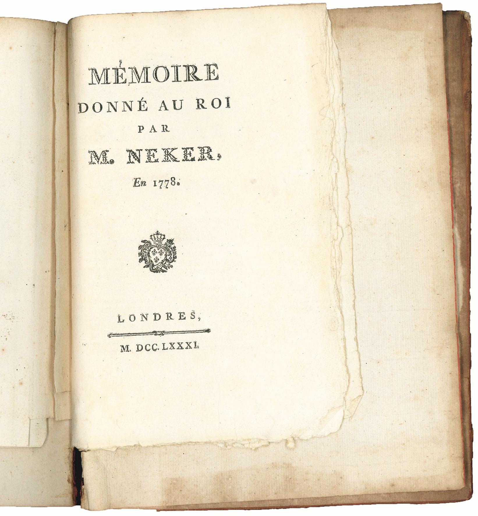 Compte rendu au Roi par M. Necker Directeur général des Finances Au mois de Janvier 1781. Imprimé par ordre de sa Majesté