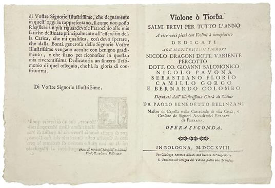 Violone ò Tiorba. Salmi brevi per tutto l'anno a otto voci pieni con violini a beneplacito dedicati agl'Illustrissimi [...] deputati dell'Illustrissima Città di Udine, da Paolo Benedetto Belinzano Mastro di Cappella nella Cattedrale di essa Città e C - copertina