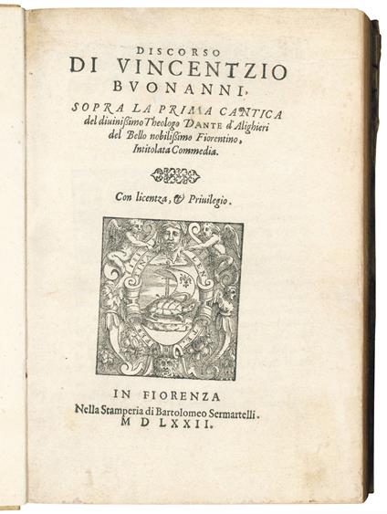 Discorso di Vincentzio [sic] Buonanni, sopra la prima cantica del divinissimo Theologo Dante d'Alighieri del Bello nobilissimo Fiorentino, intitolata Commedia - copertina