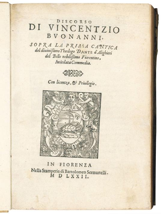 Discorso di Vincentzio [sic] Buonanni, sopra la prima cantica del divinissimo Theologo Dante d'Alighieri del Bello nobilissimo Fiorentino, intitolata Commedia - copertina