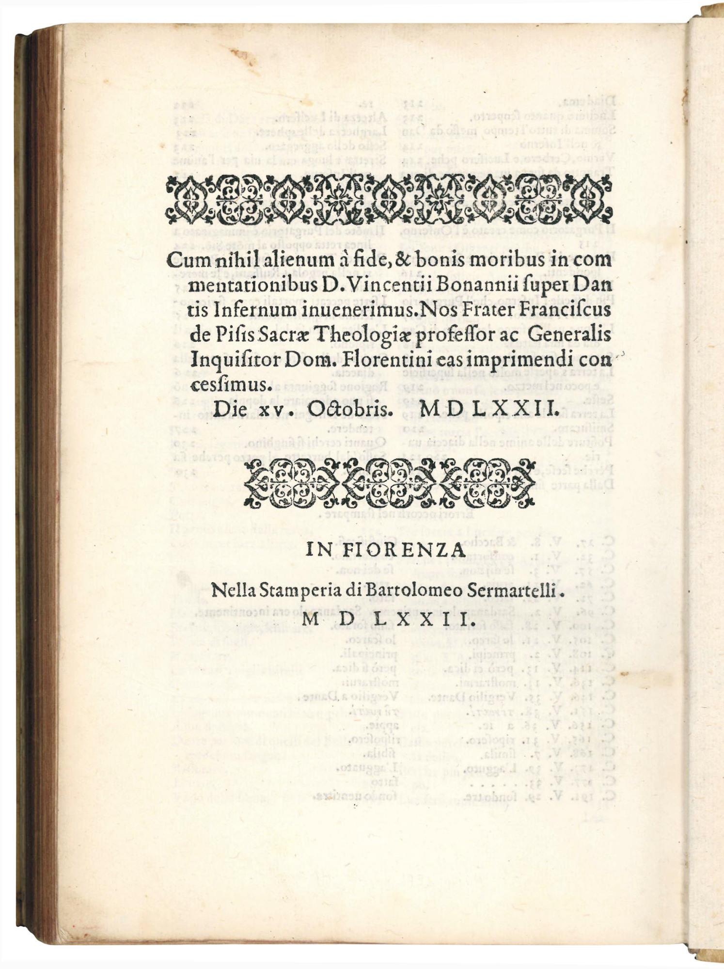 Discorso di Vincentzio [sic] Buonanni, sopra la prima cantica del divinissimo Theologo Dante d'Alighieri del Bello nobilissimo Fiorentino, intitolata Commedia