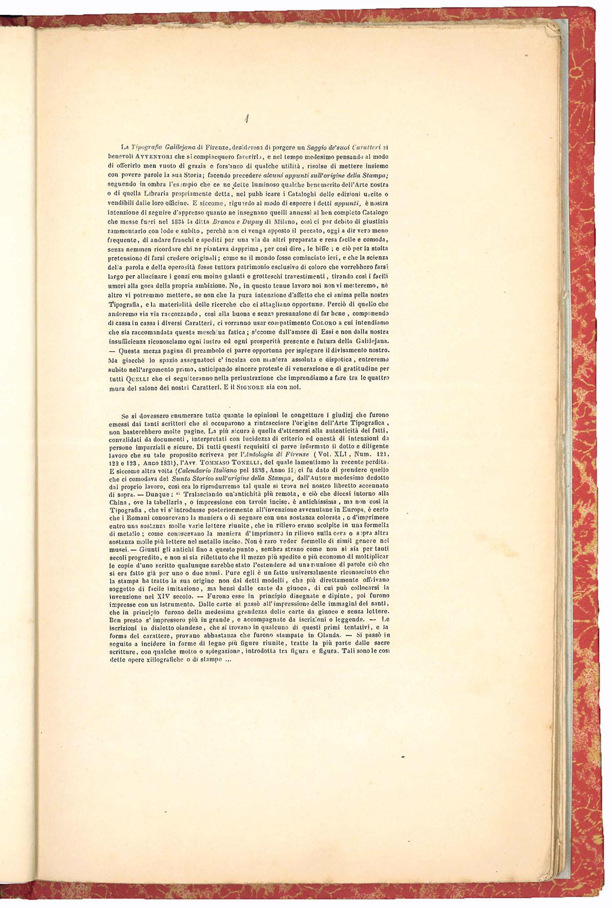 Saggio dei caratteri della Tipografia Galilejana e per incidenza cenni sull'origine della stampa, storia di detta tipografia e catalogo delle opere stampate fin qui dalla medesima