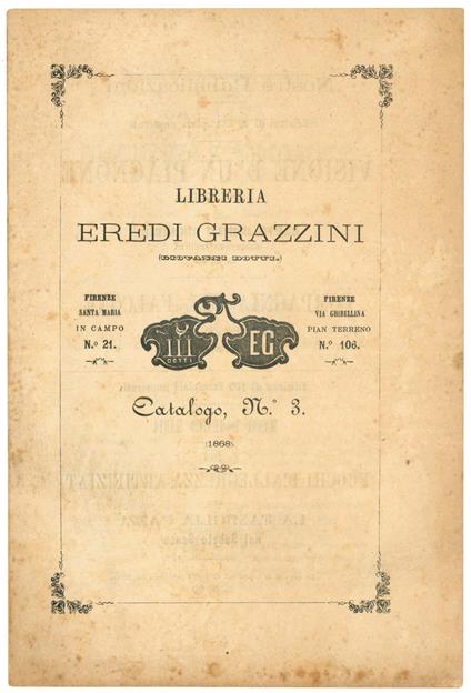 Libreria eredi Grazzini (Giovanni Dotti.). Catalogo N° 3. 1868 - copertina