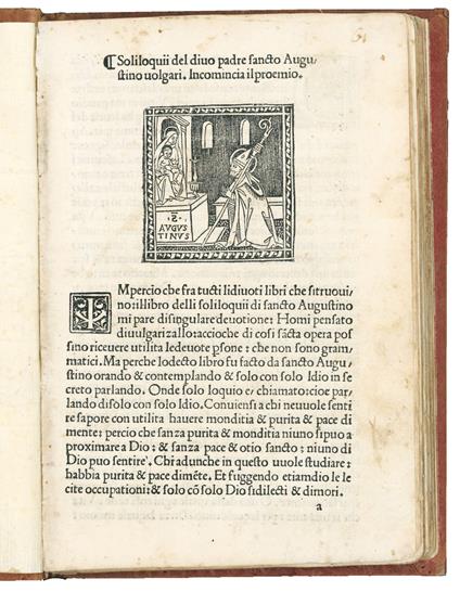 Soliloquii del Divo Padre Sancto Augustino volgari. Colophon: Impresso in Firenze Apetitione di Ser Piero Pacini da Pescia Adi. vii. digiugno nel. M.CCCCC.V - copertina
