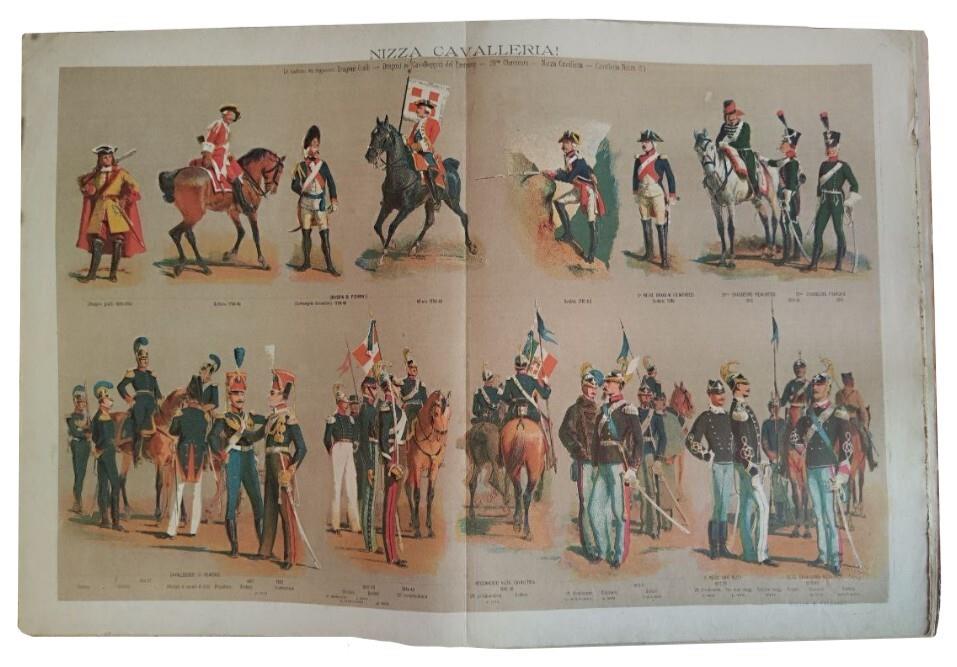 Numero unico illustrato di Quinto Cenni. Lotto di 9 numeri: "Roma e Berlino", Maggio 1887 "I granatieri", Luglio 1887 "Aosta la Veja", marzo 1890 "Nizza cavalleria", luglio 1890 "L'esercito e l'Armata", giugno 1891 "Palestro", maggio 1893 "I ca