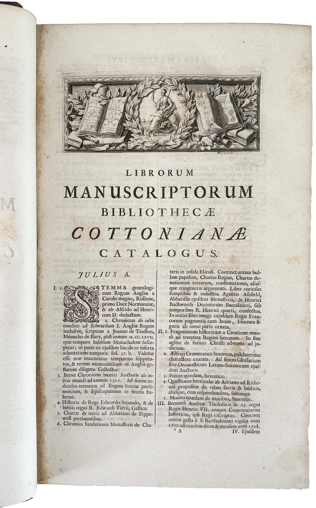 Catalogus librorum manuscriptorum bibliothecae Cottonianae (bound with:) Catalogi librorum manuscriptorum Angliae et Hiberniae in unum collecti cum indice alphabetico