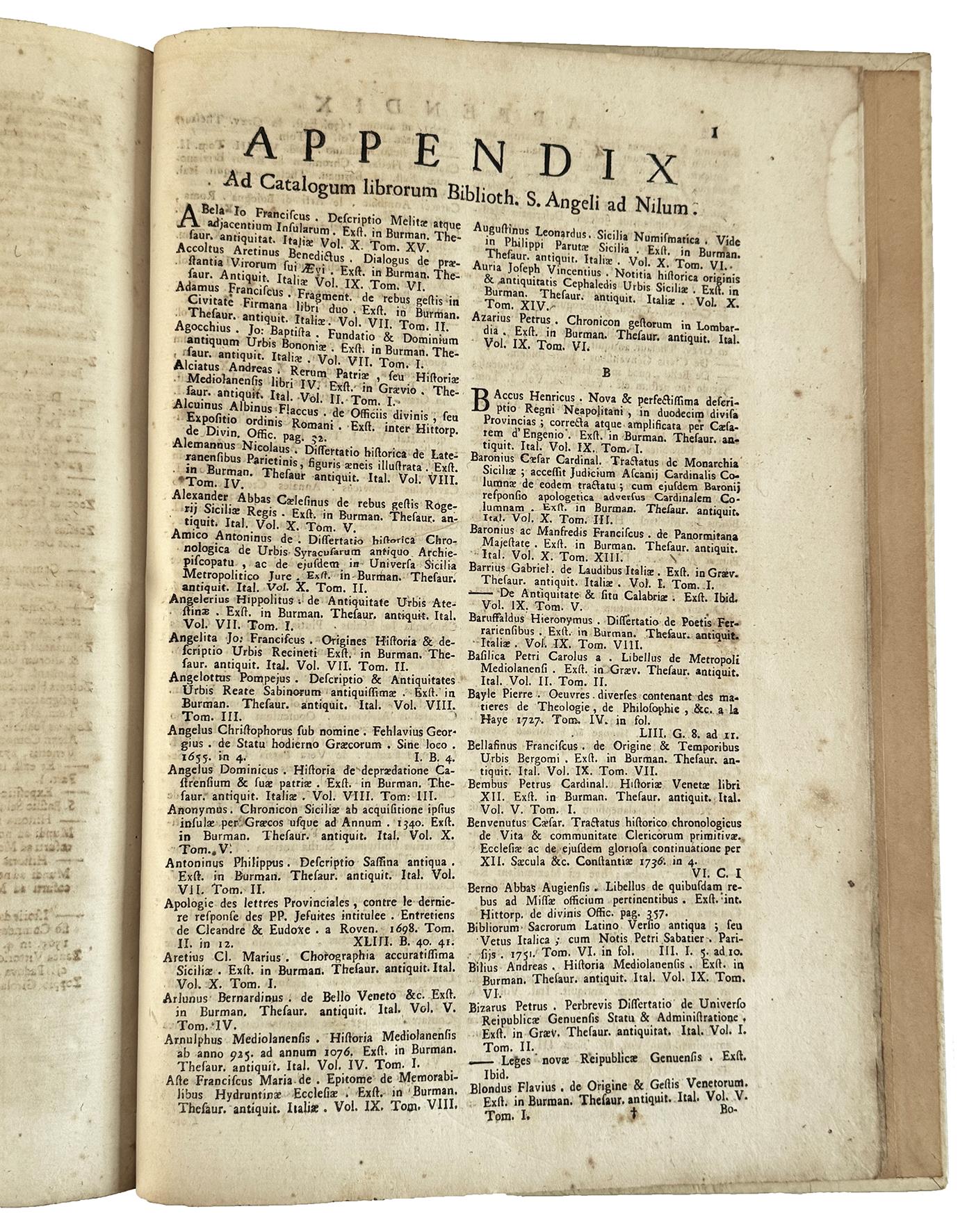 Bibliothecae Angeli ad Nidum ab inclyta Brancatiorum familia constructae, et ab aliis deinceps auctae Catalogus, in quo singuli singularum artium, & scientiarum libri, qui in quavis fere lingua exstant, auctorumque cognomina ordine alphabetico recens