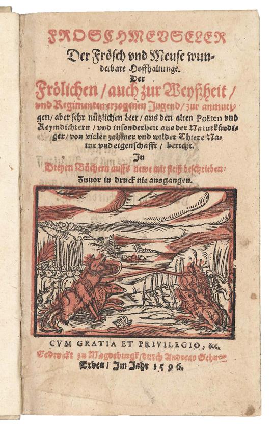 Froschmeuseler. Der Frösch und Meuse wunderbare Hoffhaltunge. Der fröhlichen / auch zur Weyßheit / und Regimenten erzogenen Jugend / zur anmutigen aber ser nützlichen Leer / [...] - copertina