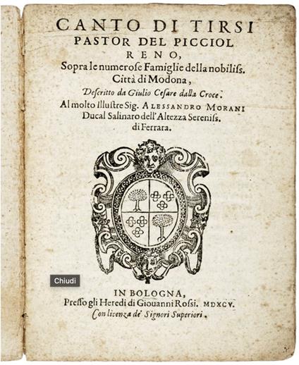 Canto di Tirsi pastor del picciol Reno, Sopra le numerose Famiglie della nobiliss. città di Modona descritto da Giulio Cesare dalla Croce [...] - copertina
