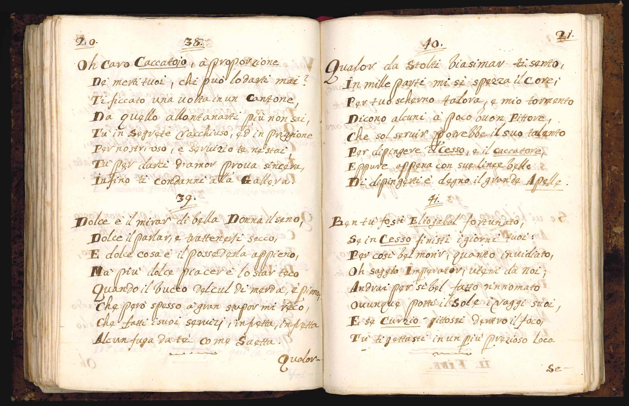 Poesie di un cavag[liere] romano (13 erotic tales in verse of a libertine chaplain). Manuscript on paper in Italian. Italy, end of the 18th-beginning of the 19th century