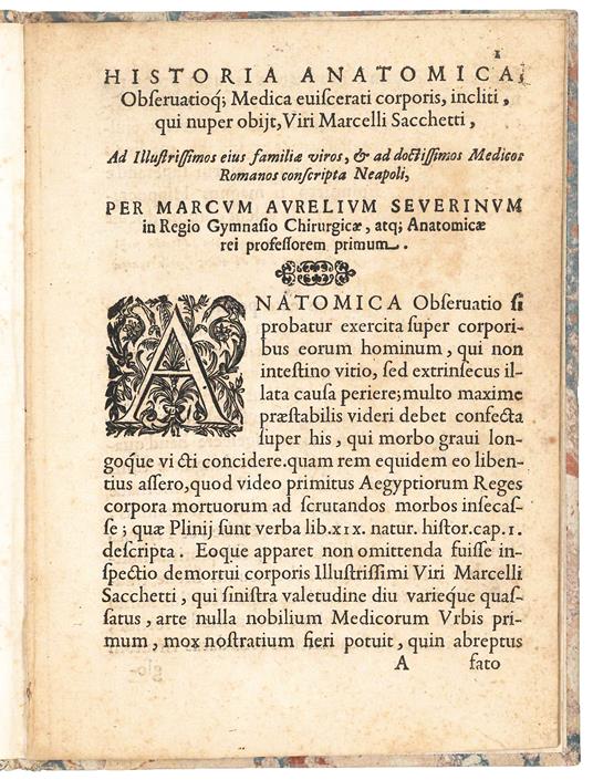 Historia anatomica, Observatioque Medica eviscerati corporis, incliti, qui nuper obijt, Viri Marcelli Sacchetti, Ad Illustrissimos eius familiae viros, & ad doctissimos Medicos Romanos conscripta Neapoli, per Marcum Aurelium Severinum in Regio Gymnas - copertina
