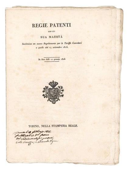 Regie patenti con cui sua maestà sostituisce un nuovo Regolamento per le Tariffe Consolari a quello del 14 Settembre 1816 - copertina