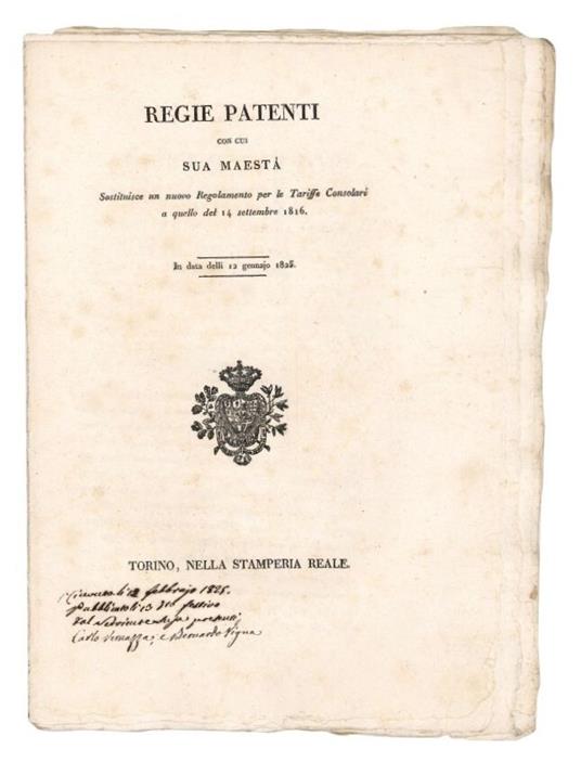 Regie patenti con cui sua maestà sostituisce un nuovo Regolamento per le Tariffe Consolari a quello del 14 Settembre 1816 - copertina