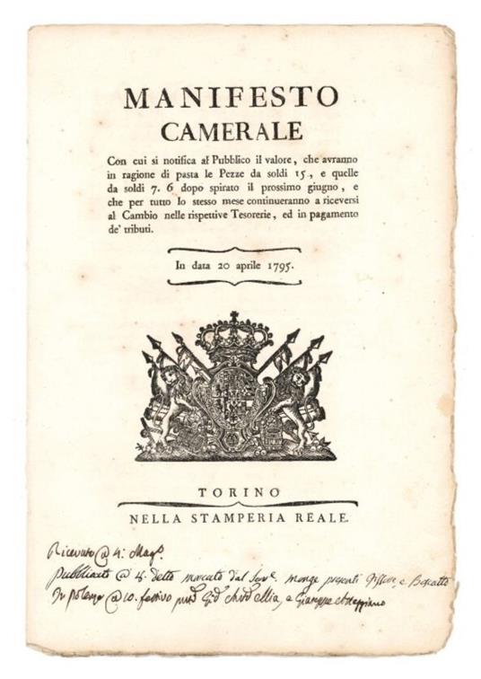Manifesto camerale con cui si notifica al Pubblico il valore, che avranno in ragione di pasta le Pezze da soldi 15, e quelle da soldi 7.6 dopo spirato il prossimo giugno, e che per tutto lo stesso mese continueranno a riceversi al Cambio nelle rispet - copertina