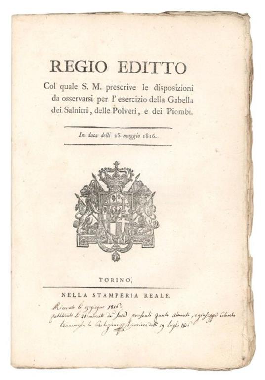 Regio editto col quale S. M. prescrive le disposizioni da osservarsi per l'esercizio della Gabella dei Salnitri, delle Polveri, e dei Piombi - copertina