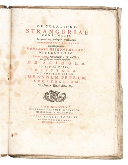 De curatione stranguriae contumacis frequentem, maleque tractatam, gonorrhoeam virulentam consequentis. Johannis Hieronymi Lapi dissertatio - copertina