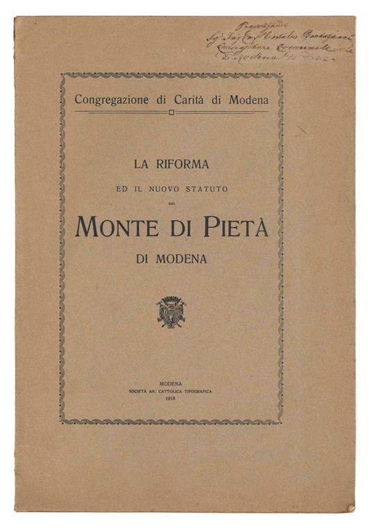 La riforma ed il nuovo statuto del Monte di Pietà di Modena. (Insieme a:) La prossima apertura di uno stabilimento di bagni moderni - copertina