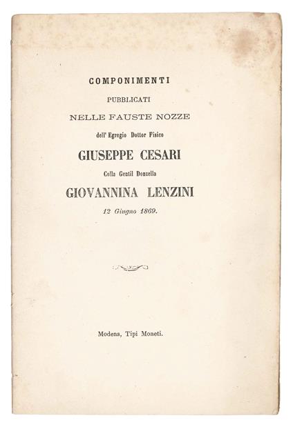 Componimenti pubblicati nelle fauste nozze dell'egregio dottore fisico Giuseppe Cesari colla gentil donzella Giovannina Lenzini - copertina