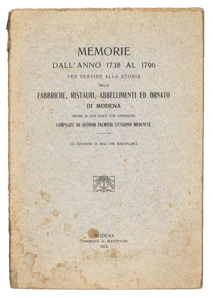 Memorie dall'anno 1738 al 1796 per servire alla storia delle fabbriche, restauri, abbellimenti ed ornato di Modena - copertina