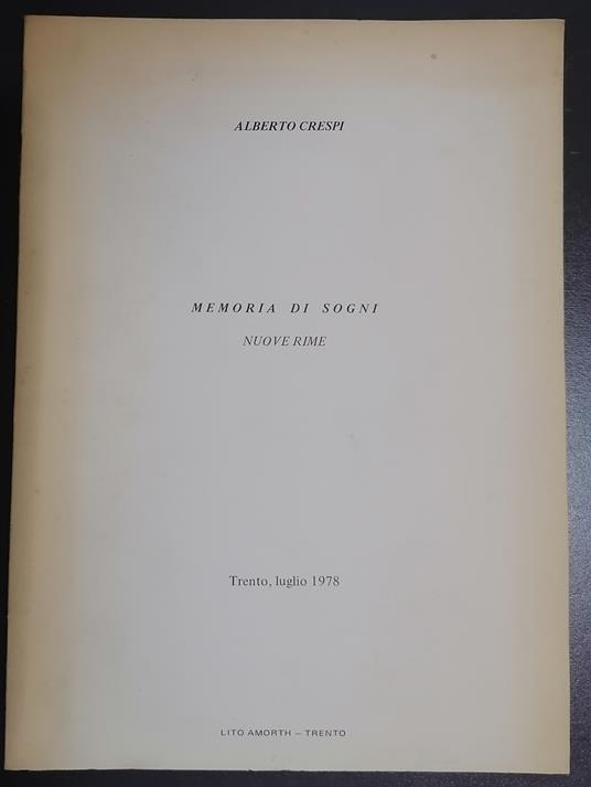 Memoria di sogni: nuove rime - Alberto Crespi - copertina