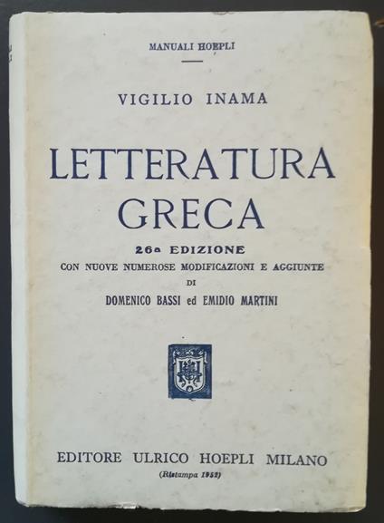 Letteratura greca - Vigilio Inama - copertina