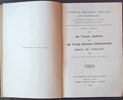 Tomus Tertius: De virtute justitiae et de variis statuum obligationibus - Adolphe Tanquerey - copertina