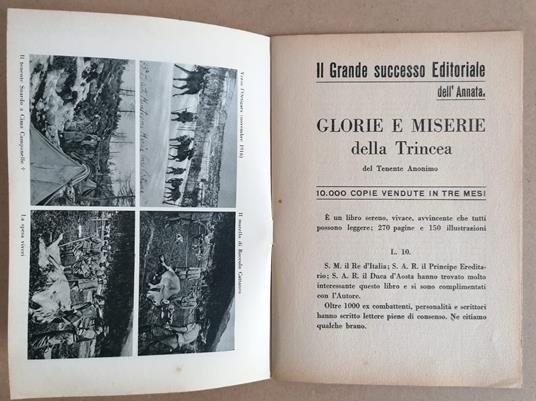 Opuscolo dell'editore Marangoni a presentazione delle collane "Collana della Grande Guerra" e "Collana spie e congiure": Glorie e miserie della Trincea: 10.000 copie vendute in tre mesi - Tenente Anonimo - copertina