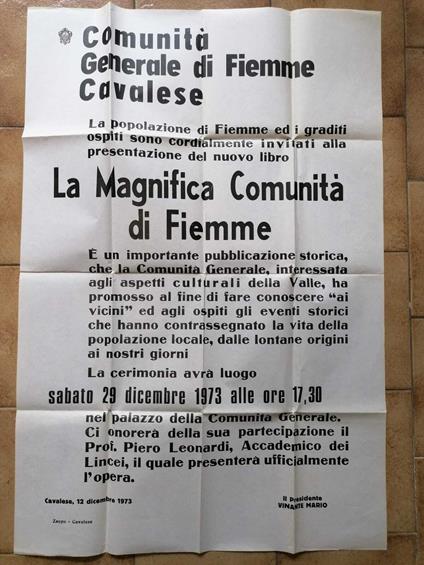 Poster di presentazione del libro La magnifica comunità di Fiemme scritto dal prof. Antonio Zieger - copertina