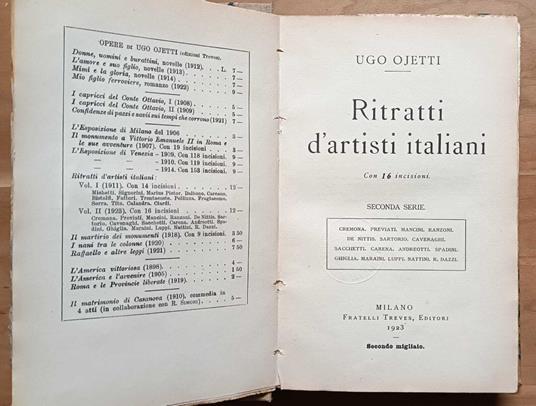 Ritratti d'artisti italiani. Seconda serie: Cremona, Previati, Mancini, Ranzoni, De Nittis, Sartorio, Cavenaghi, Sacchetti, Carena, Andreotti, Spadini, Ghiglia, Maraini, Luppi, Nattini, R. Dazzi: con 16 incisioni - Ugo Ojetti - copertina
