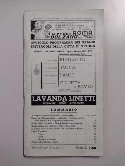 Opuscolo programma dei grandi spettacoli della città di Verona: N. 1, II Sem., Luglio-Dicembre 1939 - copertina