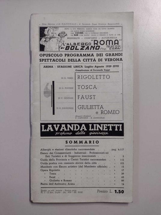 Opuscolo programma dei grandi spettacoli della città di Verona: N. 1, II Sem., Luglio-Dicembre 1939 - copertina