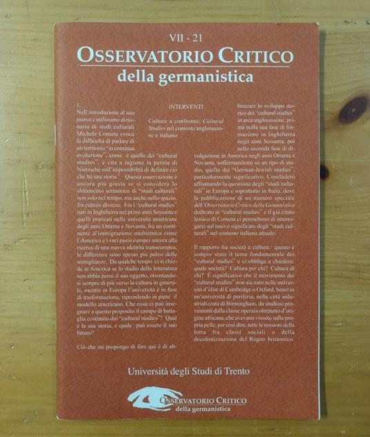 Osservatorio Critico della germanistica: Anno VII, n. 21 - copertina