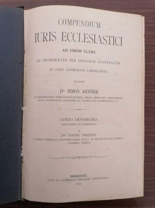 Compendium iuris ecclesiastici ad usum cleri, ac praesertim per Imperium Austriacum in cura animarum laborantis - copertina