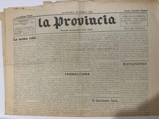 giornale LA PROVINCIA democrazia Trieste Giulia 19 aprile 1925 - copertina