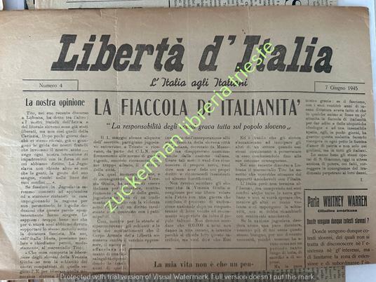 giornale LIBERTà D'ITALIA 7 GIUGNO 1945 cln istria slovenia contro destra estrema trieste - copertina