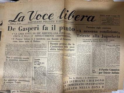 giornale LA VOCE LIBERA - TRIESTE 9 MAGGIO 1946 de gasperi kardelj - copertina