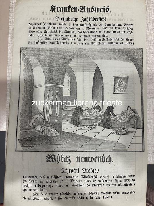 Ospedale tedesco e ceco KRANTEN AUSWEIS antico incisioni /Abraham Placzek RABBINO MORAVO moravia 1850 casa cura - copertina