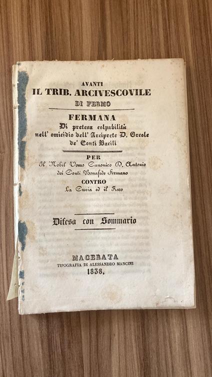 Avanti il tribunale arcivescovile di Fermo: Fermana di pretesa colpabilità nell'omicidio dell'arciprete Don Ercole De Conti Barili - copertina