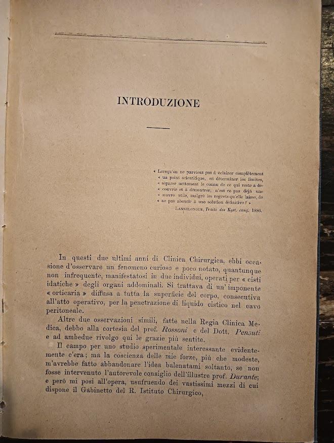 Delle cisti idiatiche in generale con uno studi sperimentale a proposito di una complicazione nel loro trattamento chirurgico pel Dott. Tito Ferretti